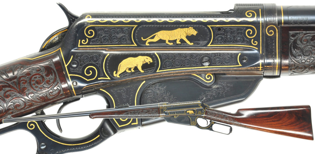 W2000Win95EngravedGoldInlaidRifle - Merz Antique Firearms